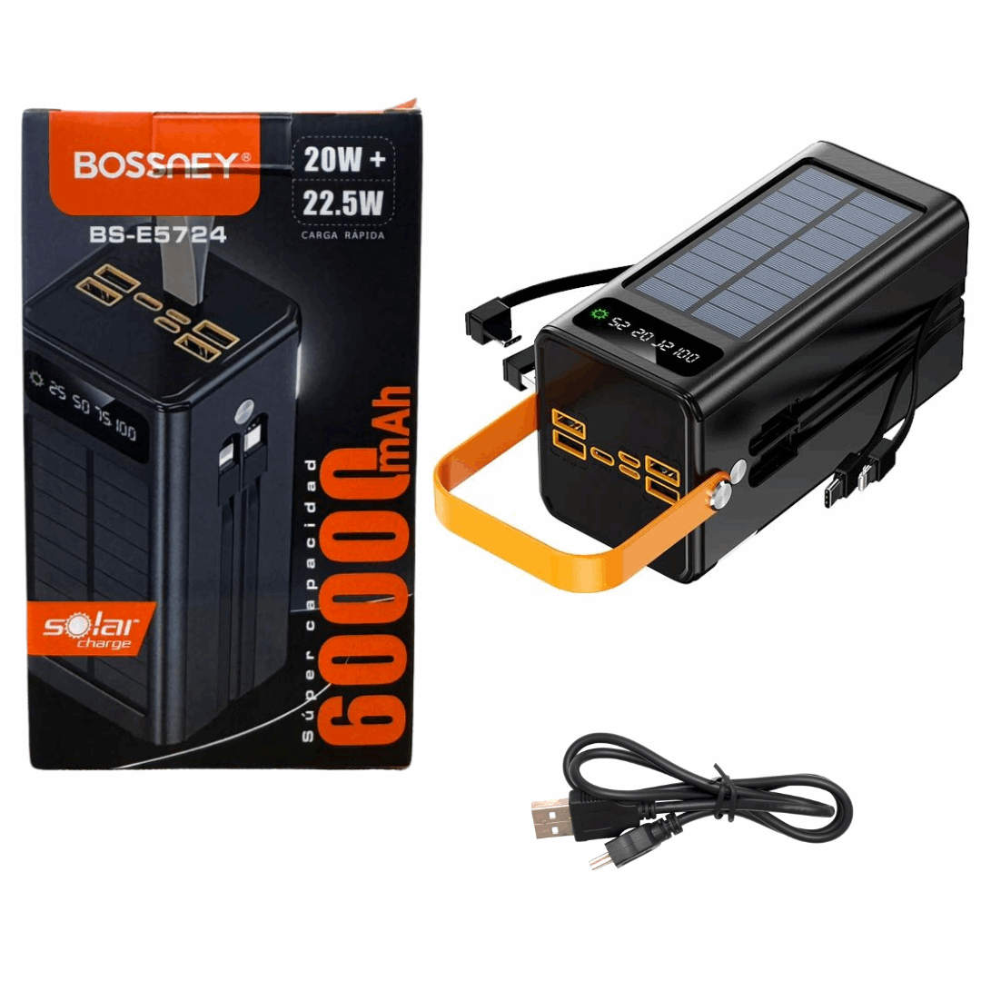 Power Bank Solar Portatil de 60 000 mAh con Carga Rápida y Batería de Larga duración