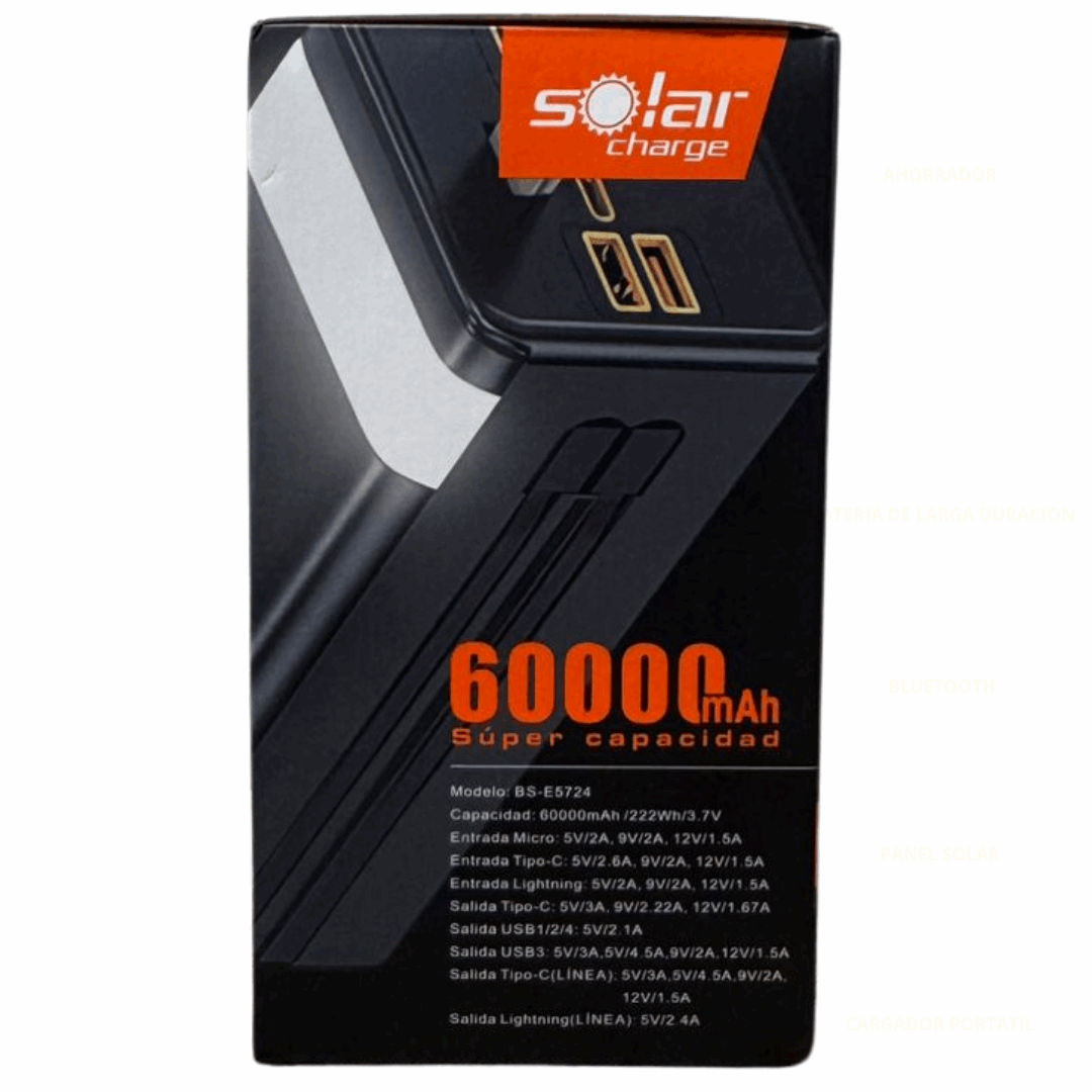 Power Bank Solar Portatil de 60 000 mAh con Carga Rápida y Batería de Larga duración