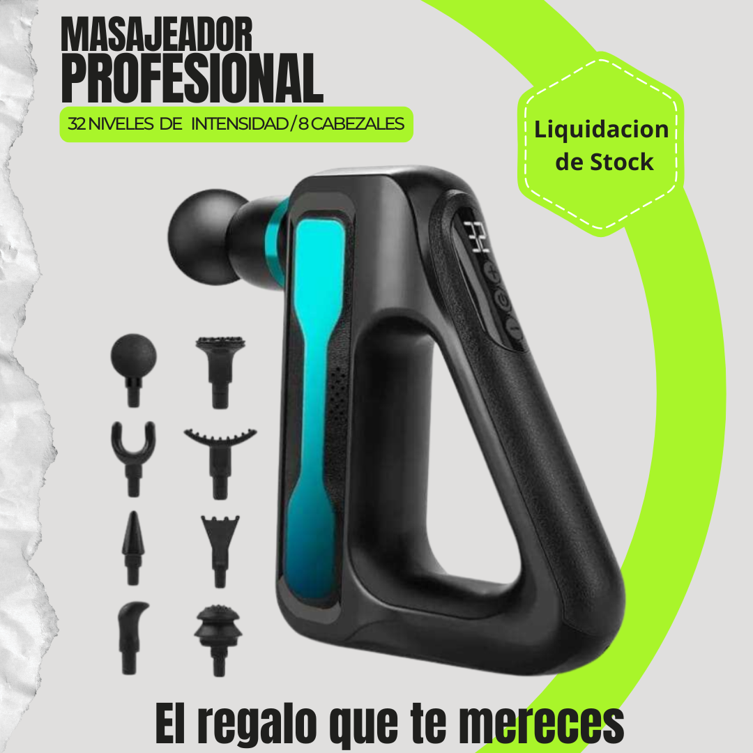 Pistola de Masaje Profesional Recargable - 32 Niveles y 8 Cabezales
