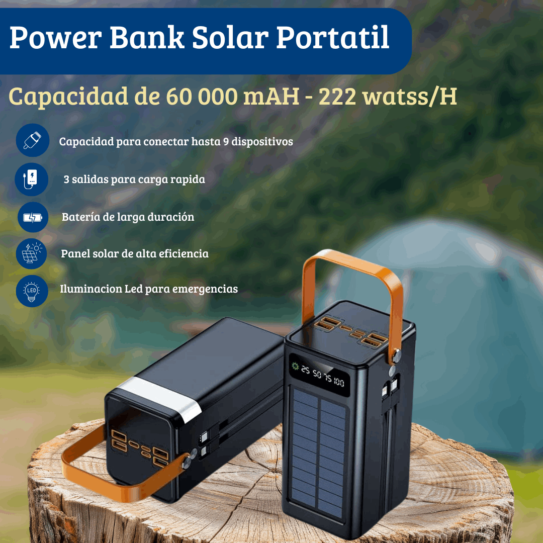Power Bank Solar Portatil de 60 000 mAh con Carga Rápida y Batería de Larga duración