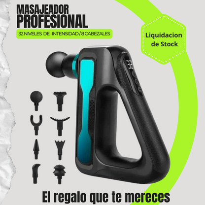 Pistola de Masaje Profesional Recargable - 32 Niveles y 8 Cabezales